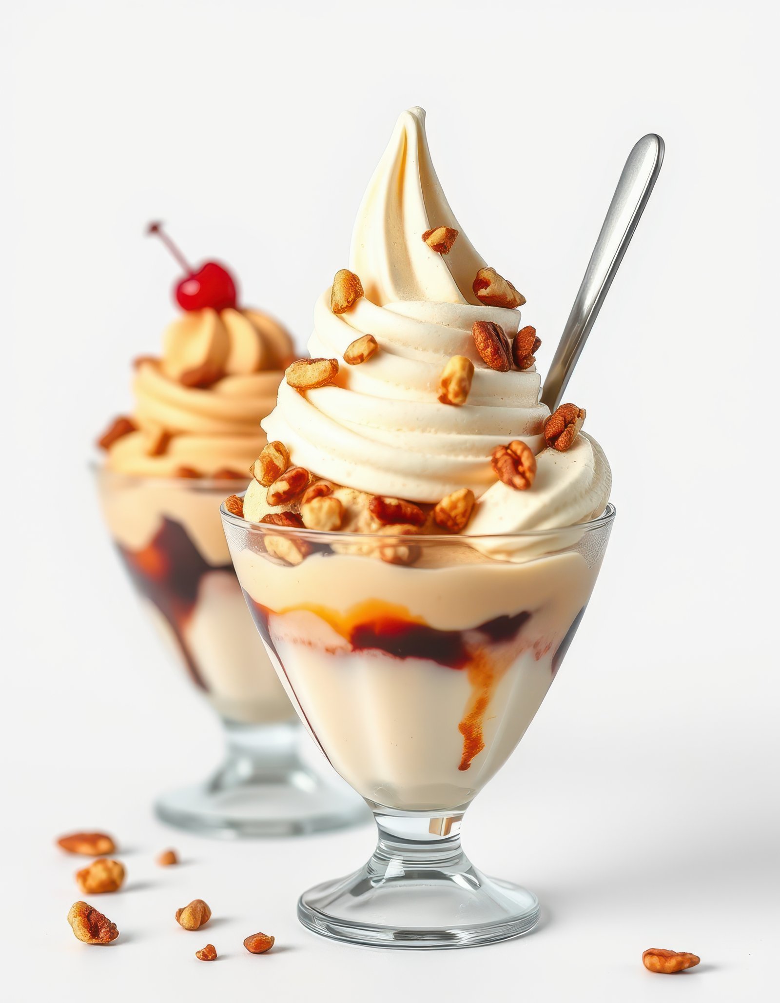 Delicious ice cream sundaes with caramel and crunchy toppings served in elegant glass cups